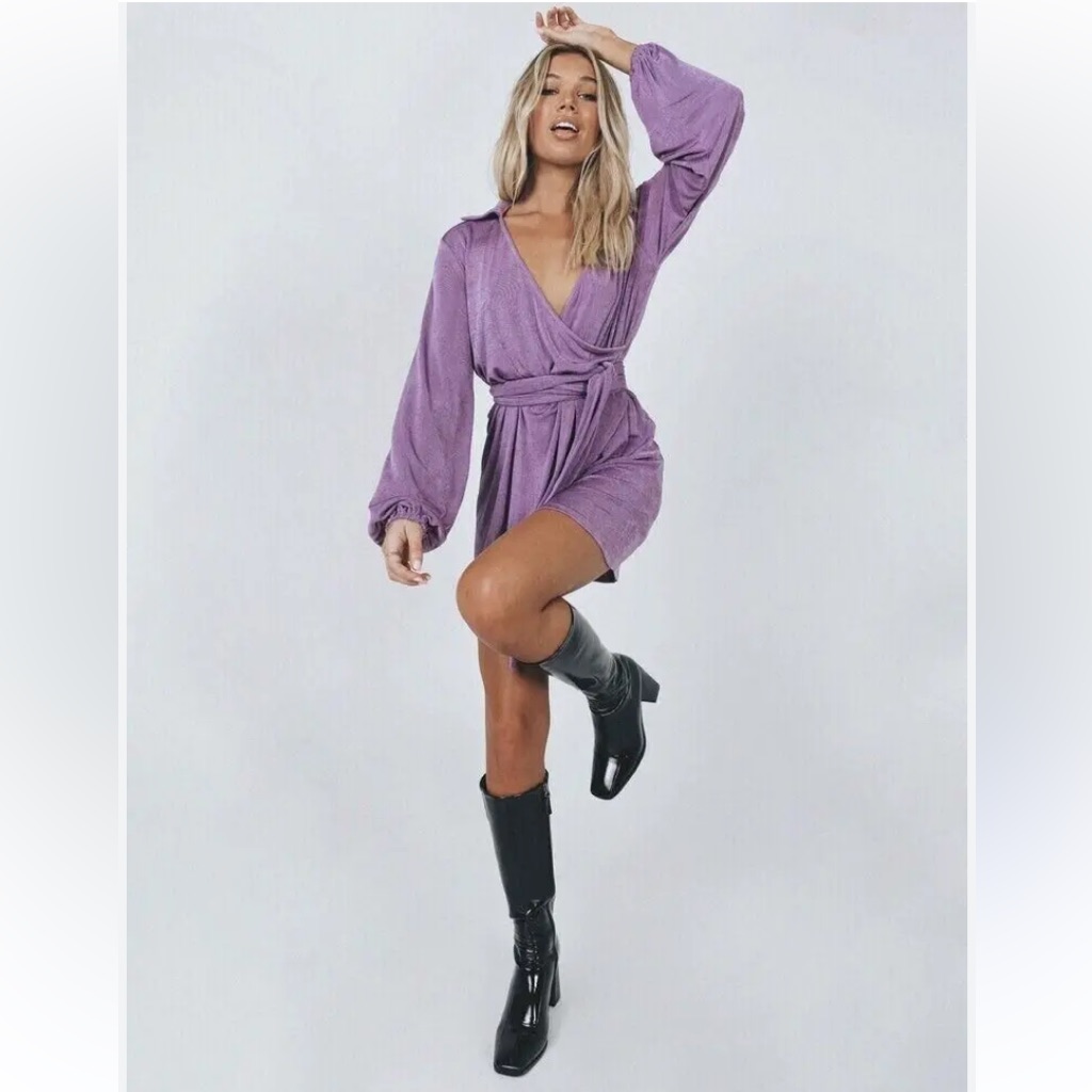 Princess Polly Purple Glitter Long Sleeve Wrap Collar Trendy Dress - Size 4